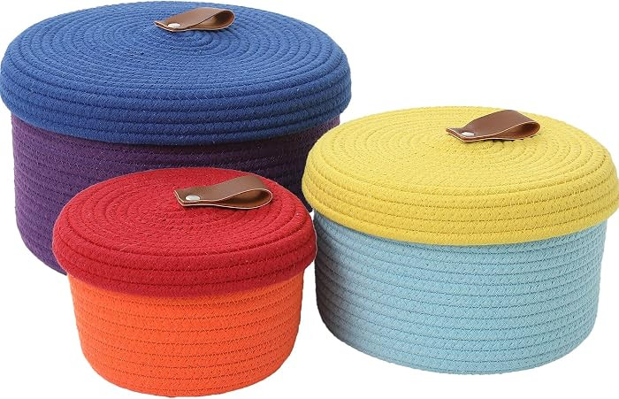 Set of 3 Stylish Round Woven Baskets with Lids - Elegant Storage Solution for Home Decor and Orga... | Amazon (US)