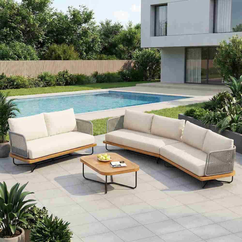 Coolbibila 4 Pieces Acacia Wood Patio Conversation Set with Table Beige Cushioned Rope Woven Sofa one_size | JENO-PATIO-BEIGE | Lowe's