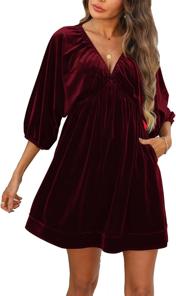 Ladyful Womens V Neck Velvet Dress 3/4 Sleeve Velour Mini Dress | Amazon (US)