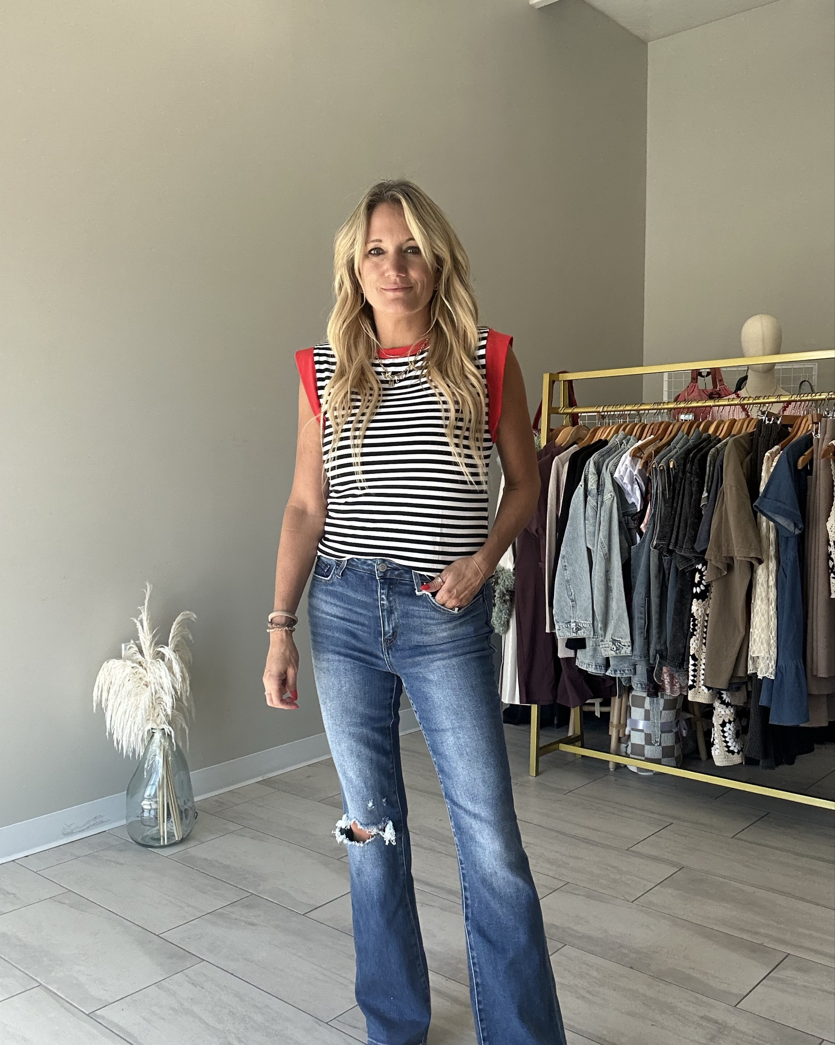 Love this pair of flare jeans… not too flared and fitted through the hips and butt. For TTS wearing side 28. Stripe shirt from my shop (www.shoplittlemango.com)

#LTKOver40