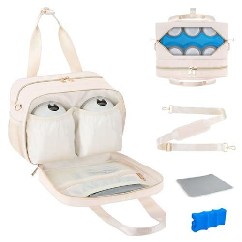 PIIOSER Breastmilk Cooler Bag with Ice Pack, Fits 6 Baby Bottles Up to 9 Ounce, Insulated Bottle Travel Bags with Shoulder Strap-Wearable Breast Pump Carrying Case for Nursing & Working Moms (Cream) | Amazon (US)