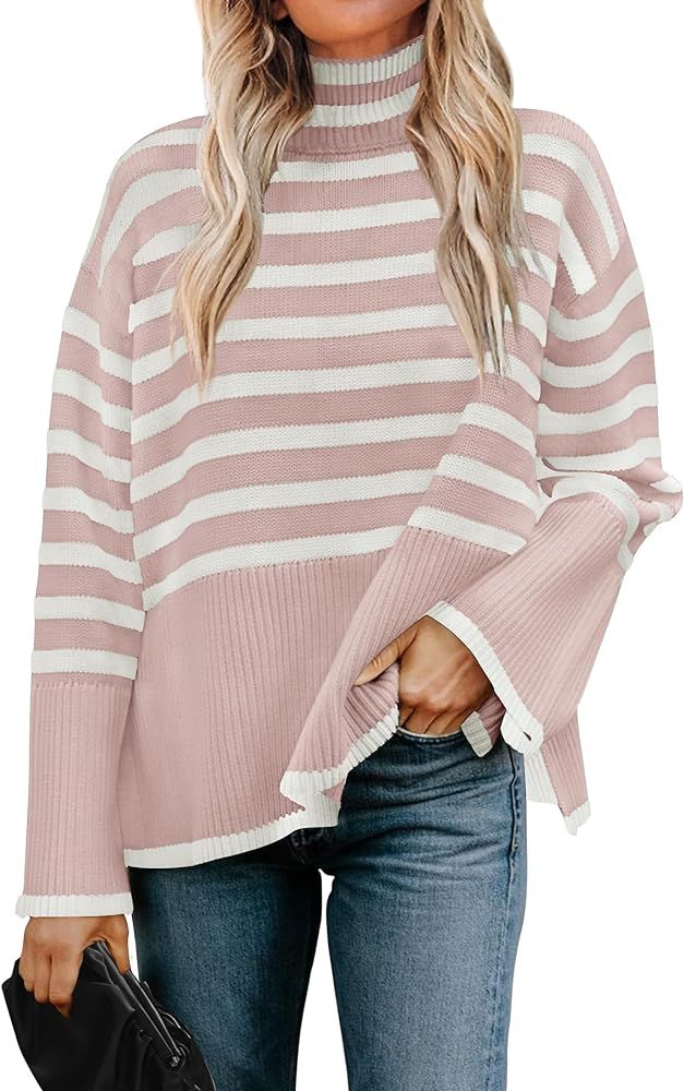 ZESICA Women's 2024 Winter Sweaters Casual Turtleneck Long Sleeve Striped Side Slit Loose Pullove... | Amazon (US)
