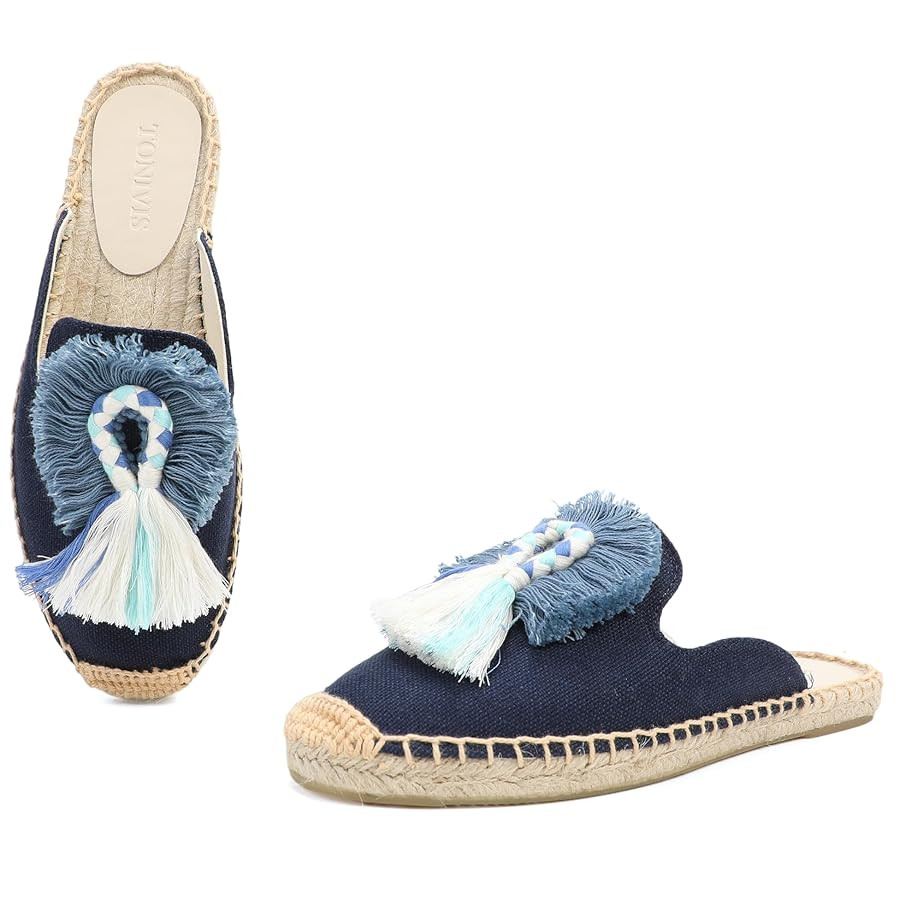 Women's Mule Flat Shoes with Tassel & Pompom, Espadrilles Slides Backless Slipper Slip on Shoes | Amazon (US)