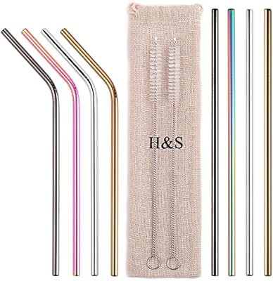 H&S 8 Metal Straws Reusable Coloured Stainless Steel Drinking Straws 2 Cleaning Brush Cleaner for... | Amazon (UK)