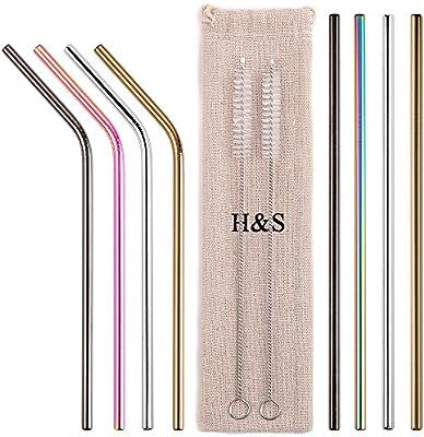 H&S 8 Metal Straws Reusable Coloured Stainless Steel Drinking Straws 2 Cleaning Brush Cleaner for... | Amazon (UK)