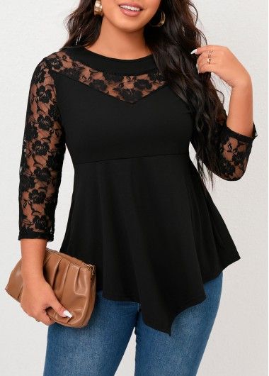 Plus Size Black Lace Stitching Asymmetric Hem T Shirt | modlily.com - USD 18.98 | modlily.com