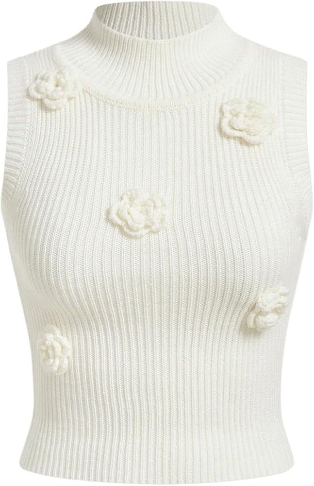 Floerns Women's Sleeveless Flower Vest Summer Rib Knit Mock Neck Tank Top | Amazon (US)