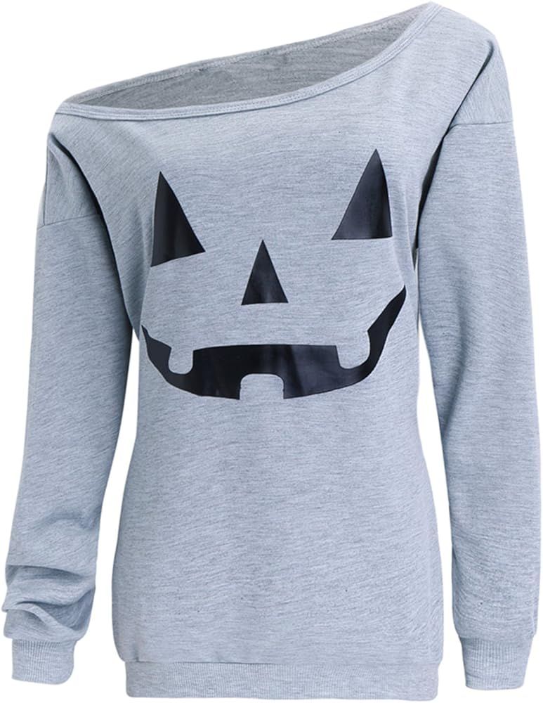 TWKIOUE Women Halloween Pullover Tops Pumpkin Face Slouchy Off Shoulder Sweatshirts | Amazon (US)
