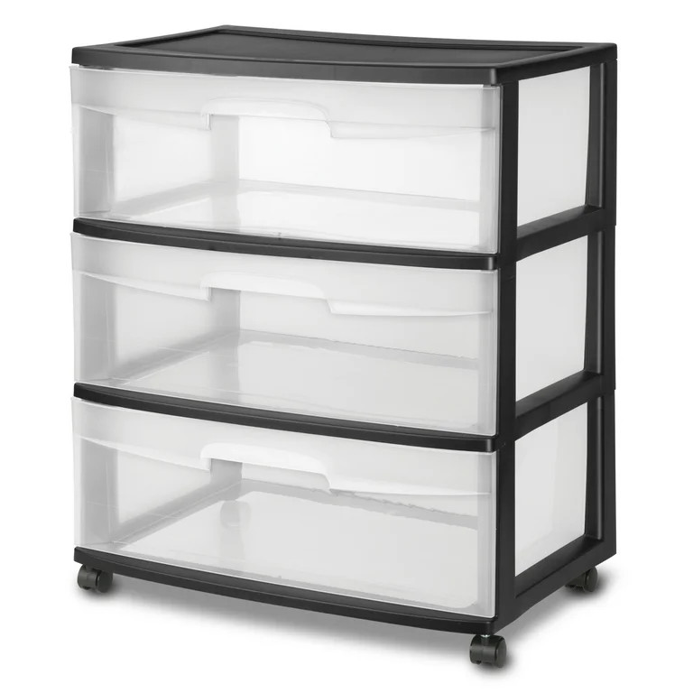 Sterilite Storage Drawer, 3 Drawer Wide Plastic Storage Cart with Clear Pull Out Drawers, Black | Walmart (US)