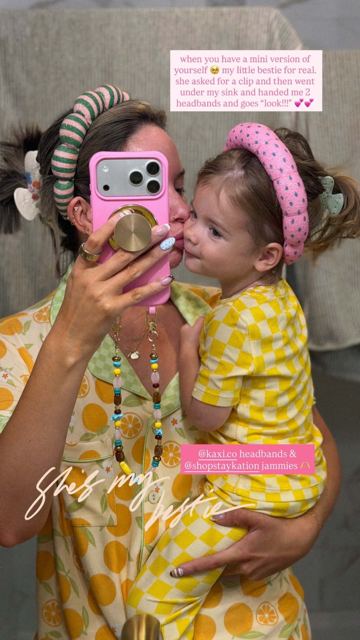 when you have a mini version of yourself 🥹 my little bestie for real. she asked for a clip and then went under my sink and handed me 2 headbands and goes “look!!!” 💕💕 @kaxi.co headbands & @shopstaykation jammies 🫶🏼