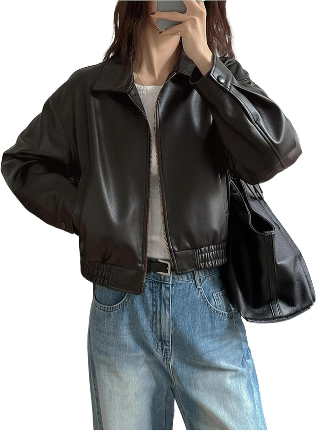 Women's Y2K Faux Leather Jacket Zip Up Crop Bomber Jacket Going Out Motor Bike Motorcycle Coat Streetwear with Pocket | Amazon (US)