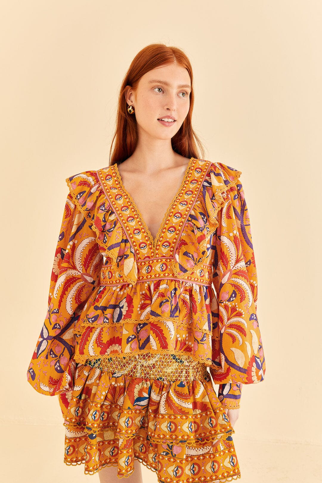 Yellow Palms Party Ruffle Blouse | FarmRio (US)