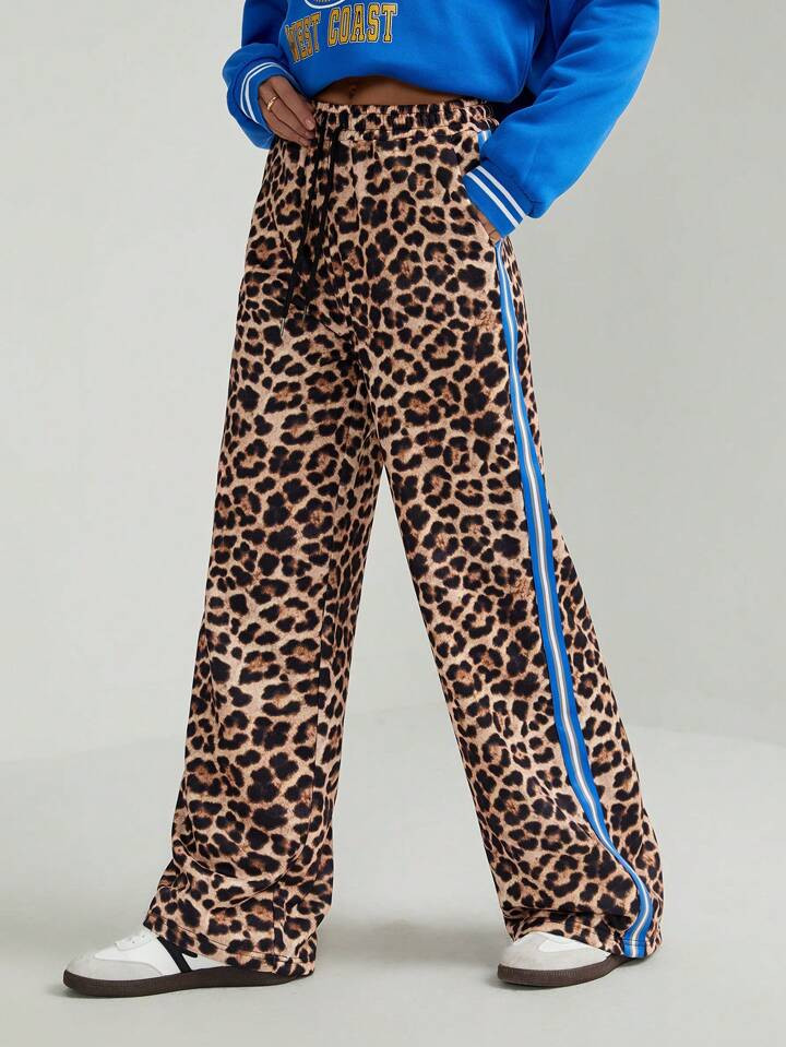 SHEIN Tall Leopard Print Side Stripe Wide Leg Pants With Drawstrings | SHEIN
