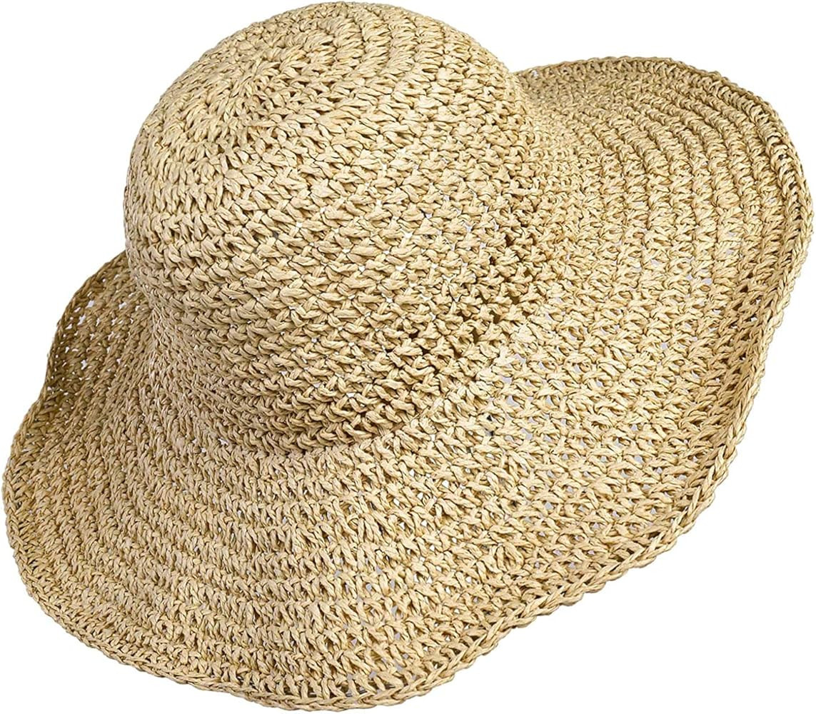 Famore Women's 100% Natural Paper Straw Floppy Sun Hat, Beige, 22-22.8 in | Amazon (US)