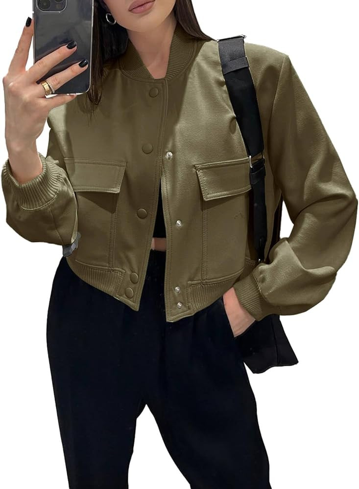 Fisoew Womens Cropped Bomber Jackets Casual Button Down Long Sleeve Stand Collar Coats with Pocke... | Amazon (US)