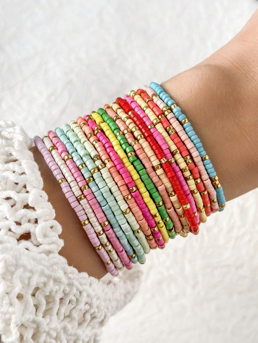 18pcs Colorful Glass Bead Stretch Bracelets, Boho Style Handmade Beaded Bracelets For Women (CCB ... | SHEIN