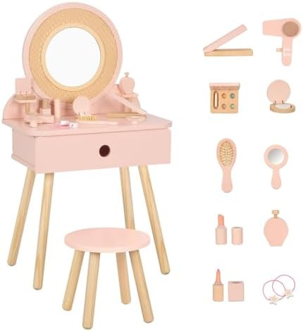 OOOK Kids Vanity Table and Chair Set, Pink Girls Vanity with 11 Pcs Accessories, Enough for Real ... | Amazon (US)