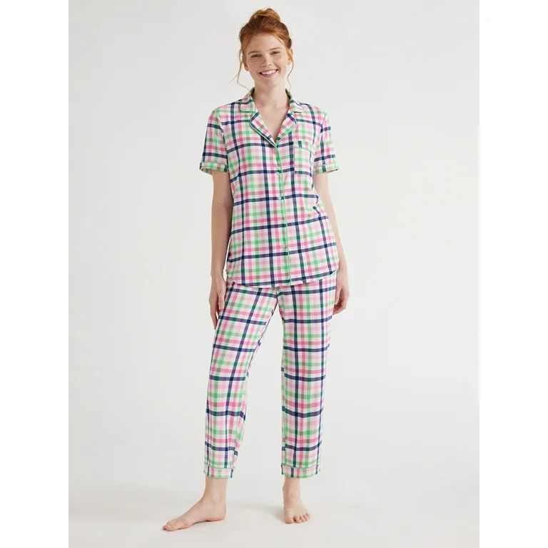 Joyspun Women's Knit Short Sleeve Notch Collar Top and Capri Pajama Set, 2-Piece, Sizes S to 3X | Walmart (US)