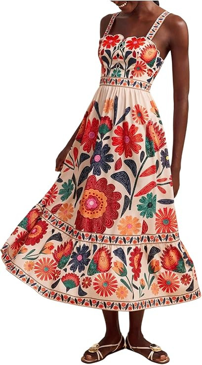 Floerns Women's Summer Floral Long Dress Smocked Flowy Beach Vacation Boho Dresses | Amazon (US)