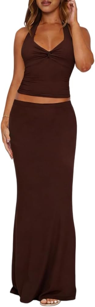 Skirt Sets Women 2 Piece Outfits Sexy Two Pc Set Twist Front Halter Tops and Maxi Long Skirts | Amazon (CA)