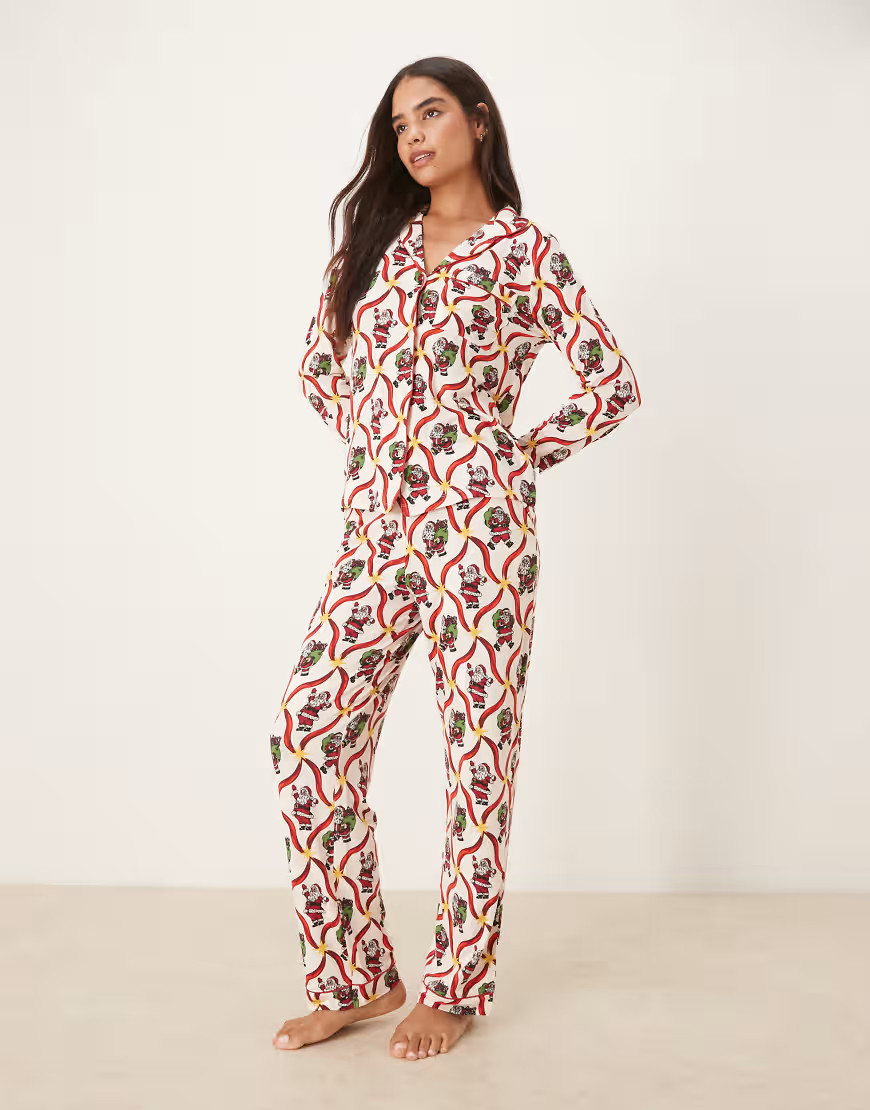 Chelsea Peers Exclusive poly long sleeve revere pajama set in Christmas candy cane Santa print-White | ASOS (Global)