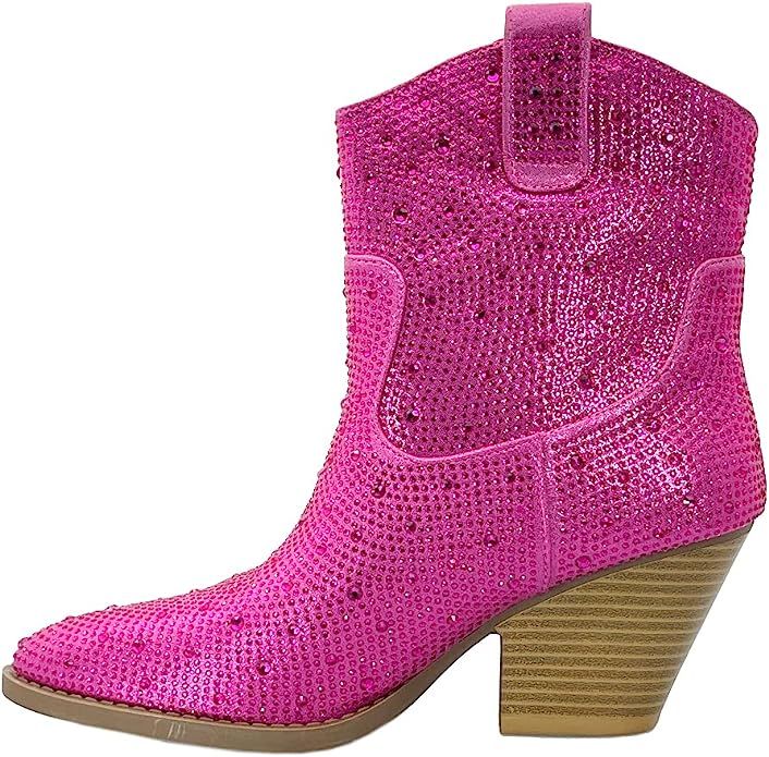 ABSOLEX Women Western Cowgirl Cowboy Pointed Toe Rhinestone Ankle Booties | Amazon (US)