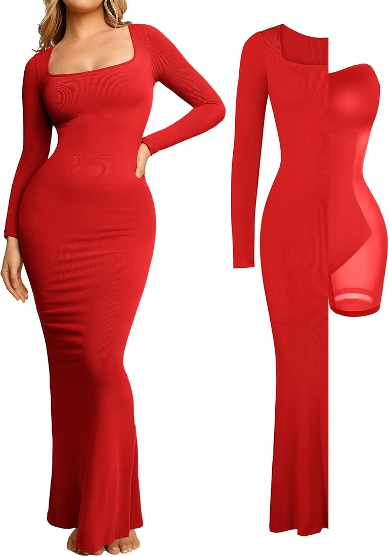 Popilush Long Sleeve Maxi Dress Bodycon Cocktail Dress Shapewear Tummy Control Fall Formal Dresse... | Amazon (US)