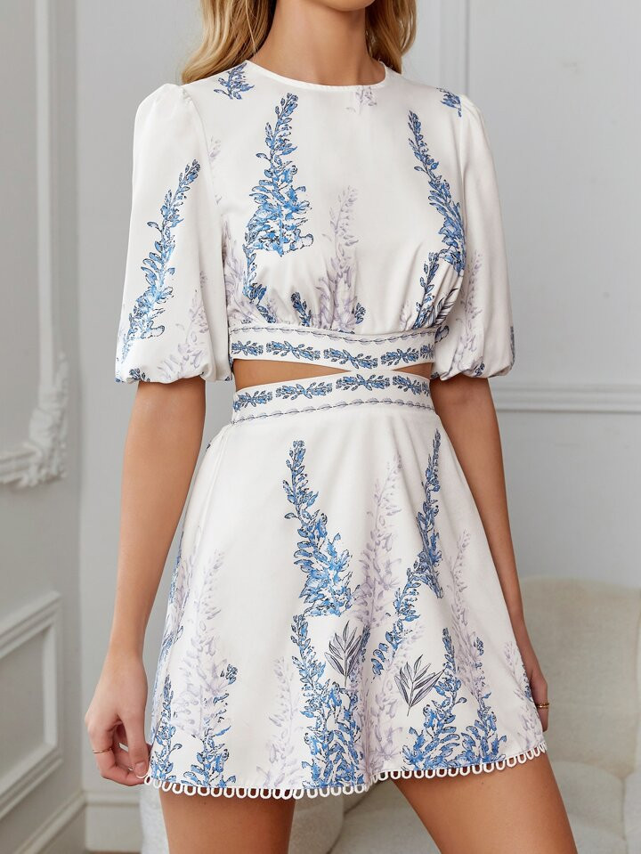 SHEIN PETITE Plants Print Cut Out Waist Tie Back Puff Sleeve Dress | SHEIN