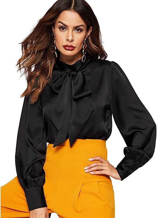 Romwe Women's Solid Print Elegant Bow Tie Neck Long Sleeve Work Office Blouse Top | Amazon (US)