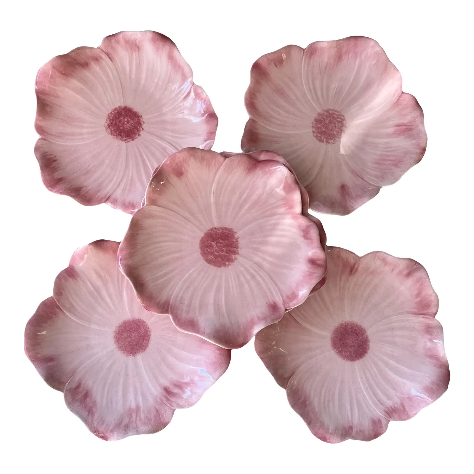 Hand Painted Italian Pink Porcleian Peony Flower Dinner Plates - Set of 6 | Chairish