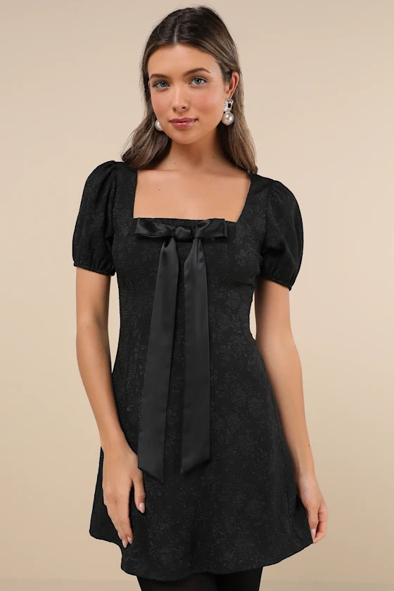 Polished Sweetie Black Jacquard Bow Puff Sleeve Mini Dress | Lulus