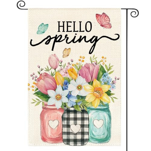 AVOIN colorlife Hello Spring Garden Flag 12x18 Inch Double Sided Outside, Floral Mason Jar Holiday Yard Outdoor Flag | Amazon (US)