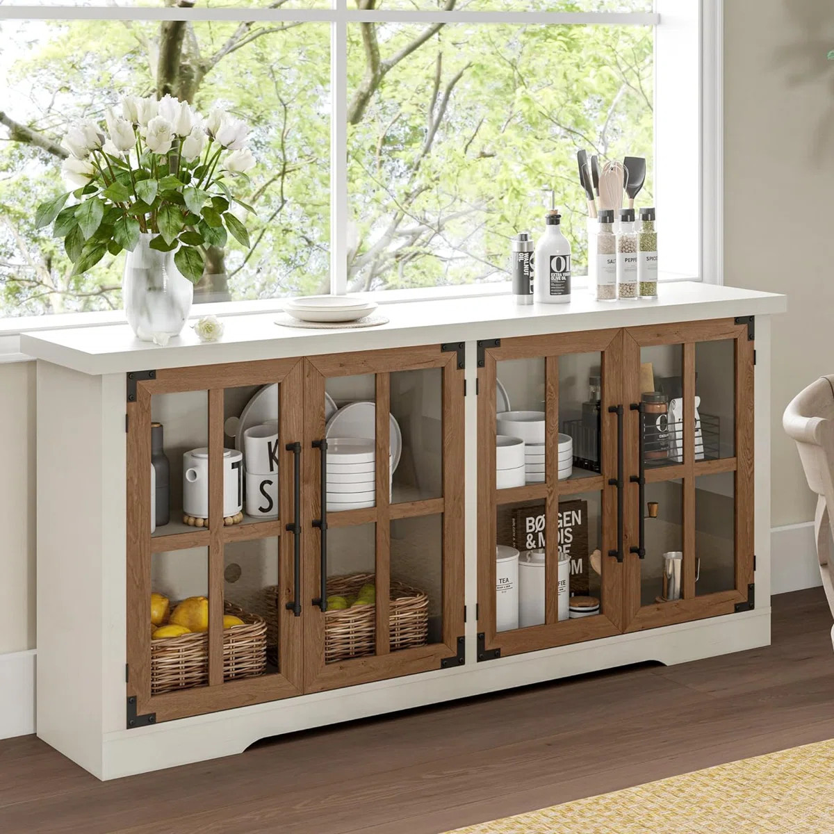 Pfarr 63" W Farmhouse Wood Sideboard with Glass Doors and Adjustable Shelves, White | Wayfair North America