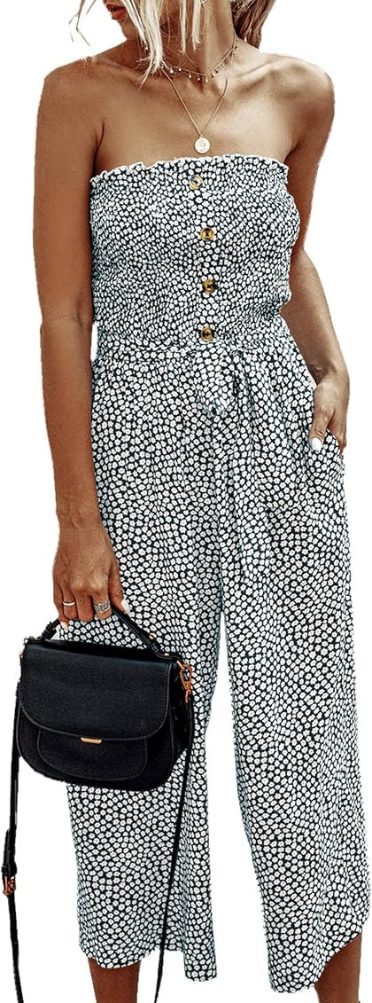 Angashion Women’s Jumpsuit-Casual Off Shoulder Sleeveless Ruffle Button Belt Wide Leg Jumpsuits Romp | Amazon (US)