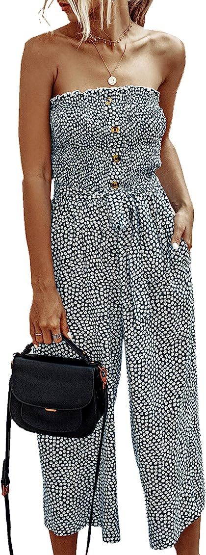 Angashion Women’s Jumpsuit-Casual Off Shoulder Sleeveless Ruffle Button Belt Wide Leg Jumpsuits Romp | Amazon (US)