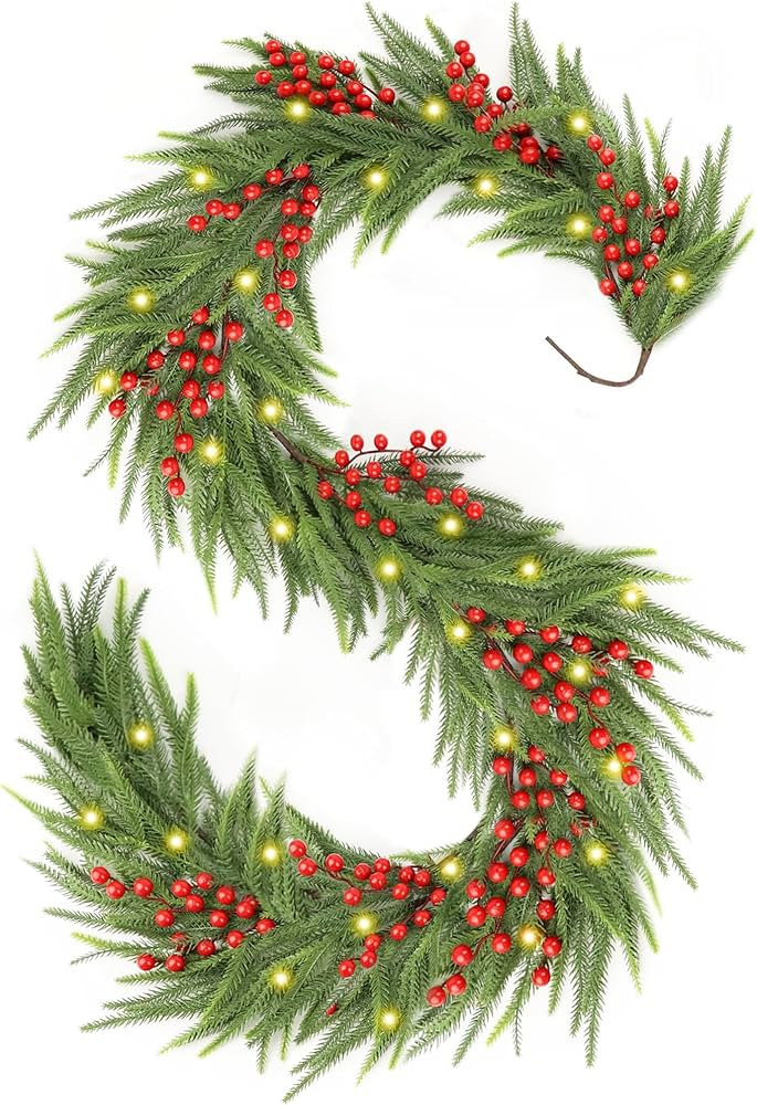 Christmas Norfolk Pine Garland,Real Touch Faux Winter Greenery Garland with Light for Stairs Tabl... | Amazon (US)