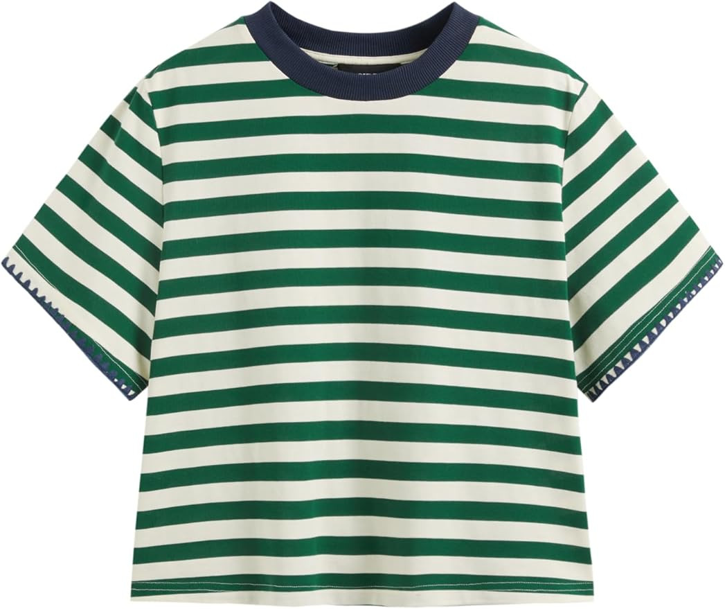 CIDER Women Stripe Crop Boxy Top Oversized Summer Crew Neck T-Shirt Cotton-Blend Short Sleeve Tee | Amazon (US)