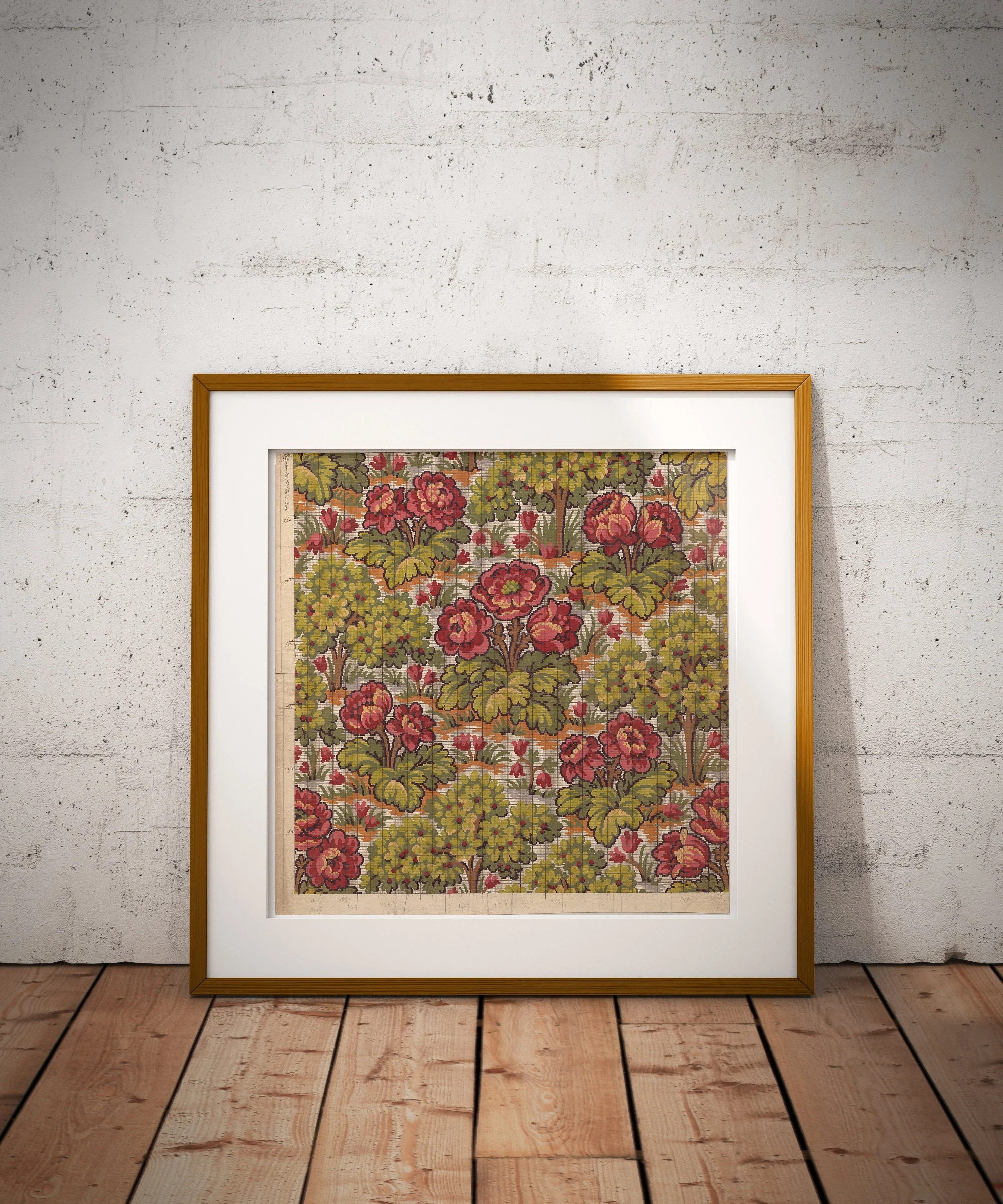 Vintage Floral Art Print: Red & Green Jacquard Fabric Pattern | Etsy (Global)