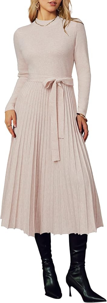 Arach&Cloz Women's Wool Blend Mock Neck Tie Waist Fall Winter Pleated Sweater Dress 2026 | Amazon (US)