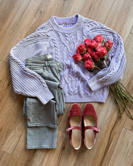 Valentine’s Day outfit. Lavender sweater. Velvet Mary Jane flats. Gray jeans. Early spring outfit. Winter outfit. Casual outfit. Free people sweater.

#LTKSeasonal #LTKGiftGuide #LTKsalealert