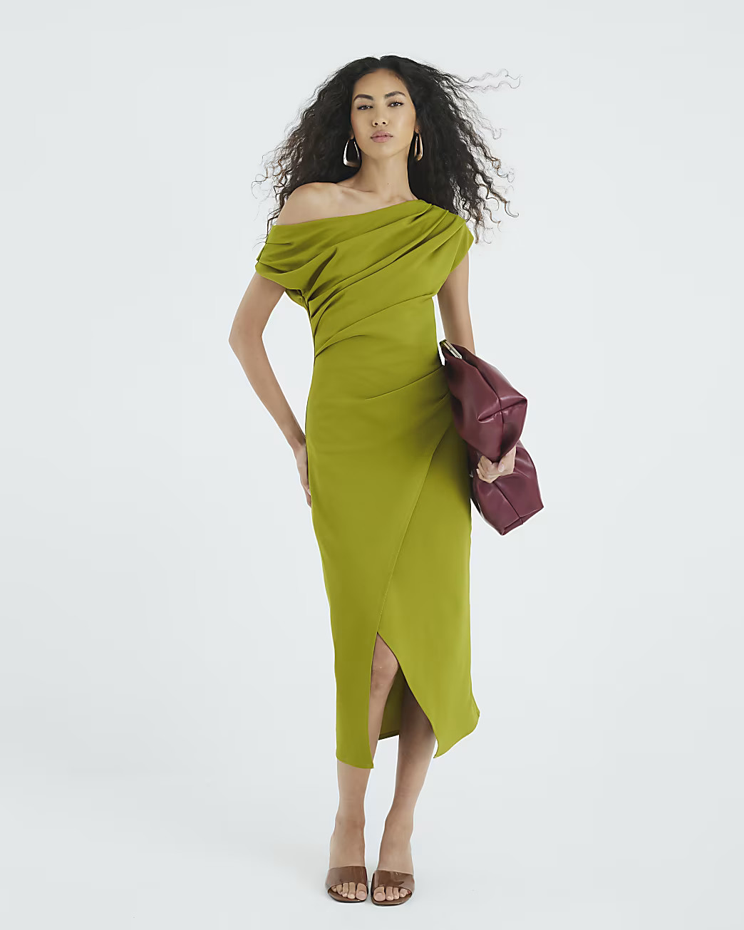 Green Asymmetric Draped Wrap Midi Dress | River Island UK & IE