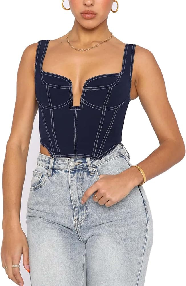 Deep V Neck Sleeveless Corset Corp Top Bustier Y2K Denim Zip Back Coconut Girl Cottagecore Aesthe... | Amazon (US)