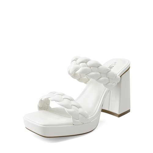 DREAM PAIRS Women's Two Braided Strap High Chunky Heels for Women Slip on Open Square Toe Block Platform Heels Sandals Holiday Party Wedding Dress Pumps Shoes,Size 9.5,WHITE-PU,SDHS2411W | Amazon (US)