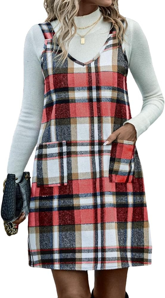 IDEALSANXUN Plaid Overall Dress for Women Fall Winter Sleeveless Plaid Dresses with Pockets | Amazon (US)