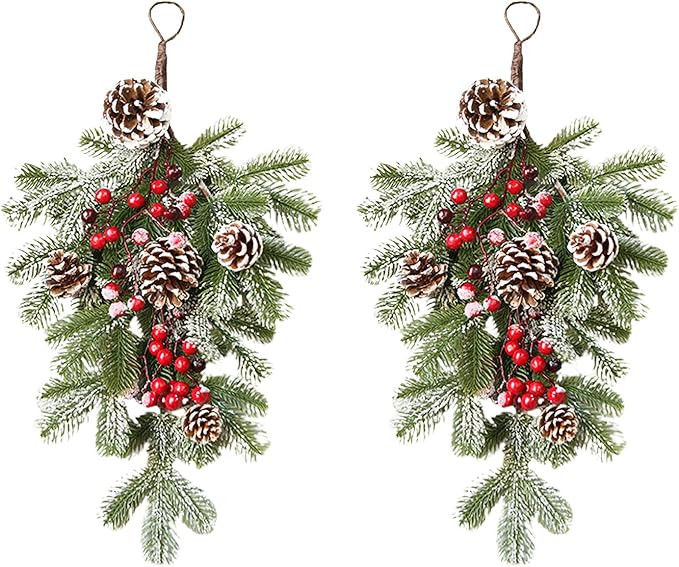 Firlar 2Pcs Simulation Pine Needle Berry Swag, 21.7in Artificial Pine Branches Teardrop Door Swag... | Amazon (US)