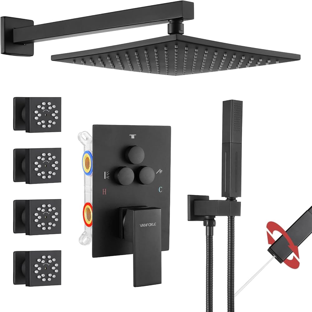 VANFOXLE Shower Faucets Sets Complete Matte Black Shower System,Push Button Diverter Shower Fauce... | Amazon (US)