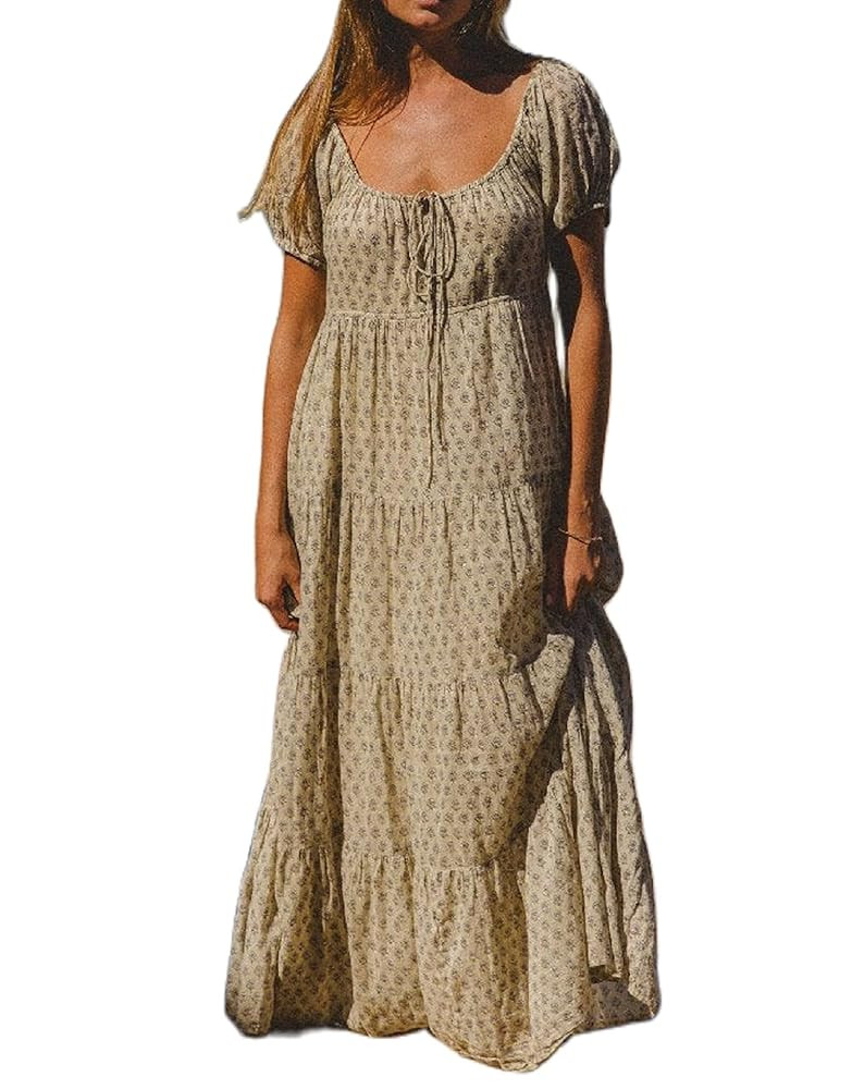 Woman Floral Puff Sleeve Maxi Dress Square Neck Ruffle Flowy Long Dresses Bohemian Tiered Summer ... | Amazon (US)