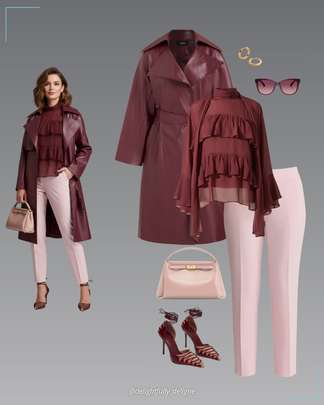 Blushing Elegance ❤️🩷Tutu pink flat-front slim pants, wine ruffle top, burgundy multi pumps, faux leather trench coat with belt, top-handle bag, signature heart oversized square sunglasses & click medium hoop earrings. 

 #LTKgrwm #LTKOver40