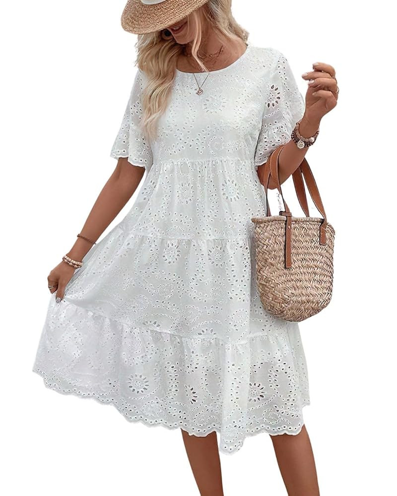 chouyatou Women's Lace Eyelet Short Sleeve Tiered Midi Long Dress Ruffle Hem Babydoll Short Dress | Amazon (US)