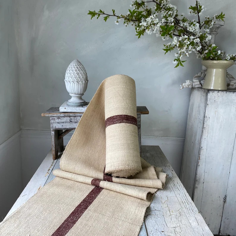 Stair Runner Heavy Hemp Grain Sack Fabric by the Yard Burgundy Stripes Twill Weave Antique Homesp... | Etsy ROW